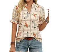 GRACE KARIN Women's Summer Blouses Boho Floral Pattern Henley V-Neck Tops Casual Tunic Blouse for Vacation Party Apricot M