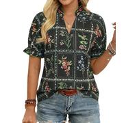 GRACE KARIN Women's Summer Blouses Boho Floral Pattern Henley V-Neck Tops Casual Tunic Blouse for Vacation Party Black M