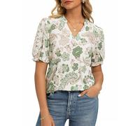 GRACE KARIN Womens Summer Boho Tops Puffed Short Sleeve Floral Blouse Ladies V Neck Casual Shirts Green S
