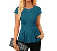 GRACE KARIN Women's Summer Cap Sleeve Peplum Tops Dressy Crew Neck Pleated Blouses Slim Fit Going Out Tunic Tops Peacock Blue S