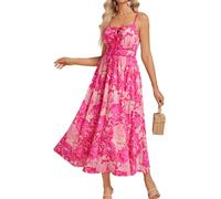 GRACE KARIN Women's Summer Casual Floral Boho Dress V Neck Spaghetti Strap Flowy Beach Maxi Dresses Rose Red S