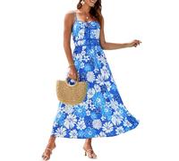 GRACE KARIN Women's Summer Casual Floral Boho Dress V Neck Spaghetti Strap Flowy Beach Maxi Dresses Wedding Guest Dress Blue White Flower S