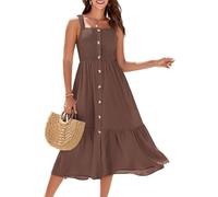 GRACE KARIN Women's Summer Dress Boho Spaghetti Strap Ruffle Button Down Casual Smocked Cruise Outfits Cute A Line Midi Dress with Pockets Brown L