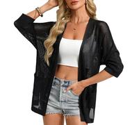 GRACE KARIN Women's Summer Lightweight Cardigans 2026 3/4-Sleeves Open Front Cardigan Casual Beach Cover Ups with Pockets Black L