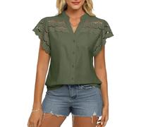 GRACE KARIN Women's Summer Short Ruffle Sleeve Blouses Casual V Neck Cotton-Linen Tops Elegant Openwork Going Out Shirt Dark Green M
