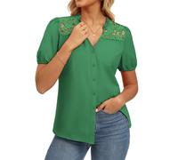 GRACE KARIN Women's Summer Short Sleeve Cotton Blouses Casual V Neck Button Down Tops Loose Fit Going Out Hollow Out Shirts Green L