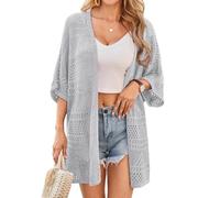 GRACE KARIN Womens Summer Short Sleeve Crochet Cardigan Sweaters Lightweight 2025 Oversized Knit Boho Kimono Cardigans, Light Grey, XXL