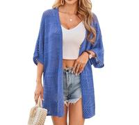 Grace Karin Womens Summer Short Sleeve Crochet Cardigan Sweaters Lightweight 2025 Oversized Knit Boho Kimono Cardigans, Blue, L
