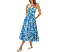 GRACE KARIN Women's Summer Spaghetti Strap Dress, Casual Floral Maxi Knotted Front Beach Dresses Blue with Yellow Flowers XXL
