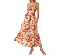 GRACE KARIN Women's Summer Strapless Floral Maxi Dress Adjustable Drawstring Beach Dress Orange-red Yellow and White Flower M