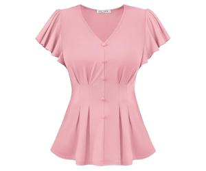 GRACE KARIN Women's Summer Tops Short Sleeve V-Neck Ruffle Smocked Pleated Blouses Top for Casual Party Pink M