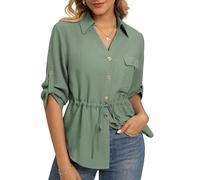 GRACE KARIN Women's Summer V Neck Blouses Elegant 3/4 Sleeve Lyocell-Linen Tops Lightweight Button Down Business Going Out Shirts Light Green M