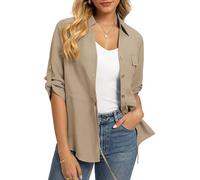 GRACE KARIN Women's Summer V Neck Blouses Elegant 3/4 Sleeve Lyocell-Linen Tops Lightweight Button Down Business Going Out Shirts Khaki XL