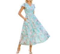 GRACE KARIN Women's Summer V-Neck Floral Dress with Pockets Ruffle Sleeves A-Line Fitted Waist Dresses Green-Light Pink Rose XL