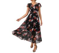GRACE KARIN Women's Summer V-Neck Floral Dress with Pockets Ruffle Sleeves A-Line Fitted Waist Dresses Black-Multicolored Roses XL
