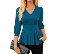 GRACE KARIN Women's T-Shirt Blouse 3/4 Sleeve V-Neck Blouse Shirt Casual Stretch Knit Sweater Pleated Loose Work Tops Peacock Blue XXL