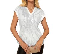 GRACE KARIN Womens Tops 2025 Sequin V Neck Cap Sleeve Club Shirt Sparkly Dressy Party Blouses Fall Trendy Fashion Outfits, Silver, L