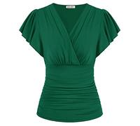 GRACE KARIN Womens Tops Elegant Surplice Wrap Blouse V Neck Lantern Long Sleeve Slim Fit Ruched Top, 977 Dark Green, L