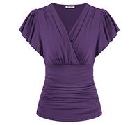 GRACE KARIN Womens Tops Elegant Surplice Wrap Blouse V Neck Lantern Long Sleeve Slim Fit Ruched Top, 977 Purple, S