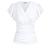 GRACE KARIN Womens Tops Elegant Surplice Wrap Blouse V Neck Long Sleeve Casual Ruched Top, 977 White, M