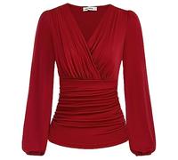 GRACE KARIN Womens Tops Elegant Surplice Wrap Blouse V Neck Long Sleeve Casual Ruched Top, Red, XL