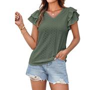GRACE KARIN Womens Tops Short Sleeve Tshirts V Neck Tops Double Flounce Sleeve Blouses Shirts Outing Blouse Light Gray Green M