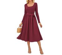 GRACE KARIN Women's U-Neck A-Line Midi Party Dresses Elegant, Long Sleeve Jumper Dress for Women UK, Business Formal Dress with Belt Red XL