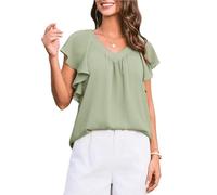 GRACE KARIN Women's V-Neck Blouse Elegant Short Sleeve Ruffle Blouse Casual Pullover Top Summer Breathable Tunic Shirt Lightweight Loose Fit Versatile Tee Light Green XXL
