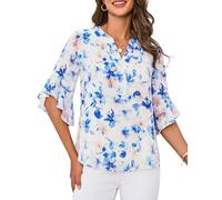 GRACE KARIN Women's V-Neck Elegant Blouse Summer Floral Boho Tunic Lightweight Vacation Casual Tops Light Blue L