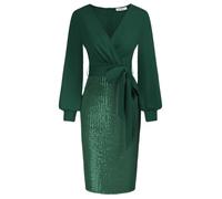 GRACE KARIN Women's V-Neck Long Sleeve Plus Size Bodycon Evening Dress Belted Sequined Cocktail Dress Dark Green XL