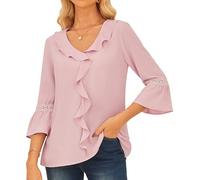GRACE KARIN Women's V-Neck Trendy Tops Business Casual Shirt Loose Fit Longline Tunic Elegant Lace Blouse Pink XXL
