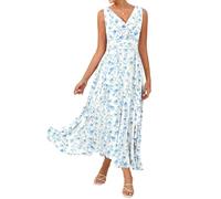 GRACE KARIN Women's V-Neck Twist Front Sleeveless Dress Smocked Waist and Ruffled Hem Summer Dresses White Blue L