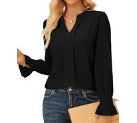 GRACE KARIN Women's V-Neck Work Blouses Size 14 Long Sleeve Causal Eyelet Tunic Tops for Ladies Black M