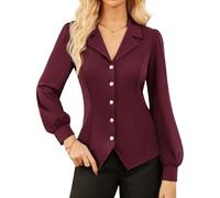 GRACE KARIN Women's Vintage Lantern Sleeve Blouse Elegant Lapel Collar Button Down Shirt Classic Autumn Outwear Dark Red L