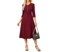 GRACE KARIN Womens Wear to Work Dresses 3/4 Sleeve Zipper Front Midi Dress Empire Waist Aline Dress with Pockets, Dark Red, L