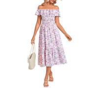 GRACE KARIN Womens Wedding Guest Dress A Line Floral Ruffles Flowy Smocked Long Dress for Women UK CL15-05/Purple Flowers M