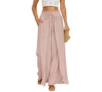 GRACE KARIN Women's Wide Leg Palazzo Pants with Ruffle Slits Elastic Waistband Flowing Summer Beach Pants with Pockets Light Pink L