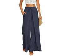 GRACE KARIN Womens Wide Leg Summer Pants Flowy Side Split Palazzo Beach Pants Boho Drawstring High Waisted Trousers Navy Blue L