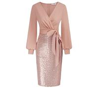 GRACE KARIN Women's Winter Long Sleeve Plus Size Bodycon Party Dress V-Neck Belted Sequin Cocktail Dresses Light Pink XL