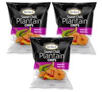 Grace Sweet Chilli Plantain Chips 85g Pack of 3 Vegan Bites High in Fibre Gluten Free Banana Crisps Snack with Welari Thank You Card | (3pack) (255g)