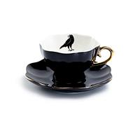 Grace Teaware Raven Black Fine Porcelain Tea Cup and Saucer with Hand Painted Gold Trim Crow,Black White and Gold
