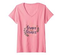 Grace Upon Grace Christian Women Inspirational Faith V-Neck T-Shirt, Women, Pink, XL