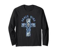 Grace Wins Floral Cross Inspirational Positive Message Long Sleeve T-Shirt