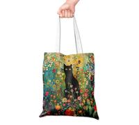 Grace Yonks Black Cat Cute Canvas Tote Bag - Whimsical Floral Garden Art Tote - Vibrant Artistic Cat Illustration with Yellow Eyes in Bloom, Bold Aesthetic Cat Lover Gift, 16x14 Inch(057)