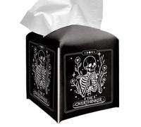 Grace Yonks Cute Tissue Box Cover Square - Gothic Skeleton “The Overthinker” Print, Funny Tarot-Inspired Design 5.2" PU Leather Holder for Vanity, Bathroom Counter - Cube Case for Facial Tissues(024)