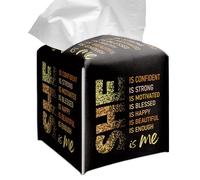 Grace Yonks Cute Tissue Box Cover Square - “SHE Is Me” Empowering Quote in Glitter Gold on Black Design 5.2" PU Leather Holder for Vanity, Desk, or Bathroom Counter - Cube Case for Facial Tissues(022)