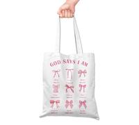 Grace Yonks God Says I Am Cute Canvas Tote Bag - Pink Bible Verse Tote Bag for Women & Girls - Scripture-Inspired Gift for Devotionals, Church, or Spiritual Encouragement, 16x14 Inch(036)