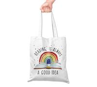 Grace Yonks Reading Is Always a Good Idea Cute Canvas Tote Bag - Colorful Rainbow Book Lover Gift Bag for Teachers, Readers - Reusable Tote for Library or Cafe, 16x14 Inch(033)