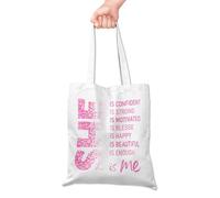 Grace Yonks She Is Me Cute Canvas Tote Bag - Pink Empowerment Affirmation Bag for Women - Confident Motivated Strong Quote Tote with Glitter Effect Typography, Inspirational Gift Idea, 16x14 Inch(055)