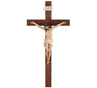Grace4Joy Olive Wood Wall Crucifix, 14 Inch Hand Painted Resin Jesus on Wooden Cross, Catholic Home Decor, Wall Art for Bedroom, Living Room